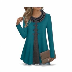 Bebonnie Chic Teal Cowl Neck Women's Sweater Tunic 3X